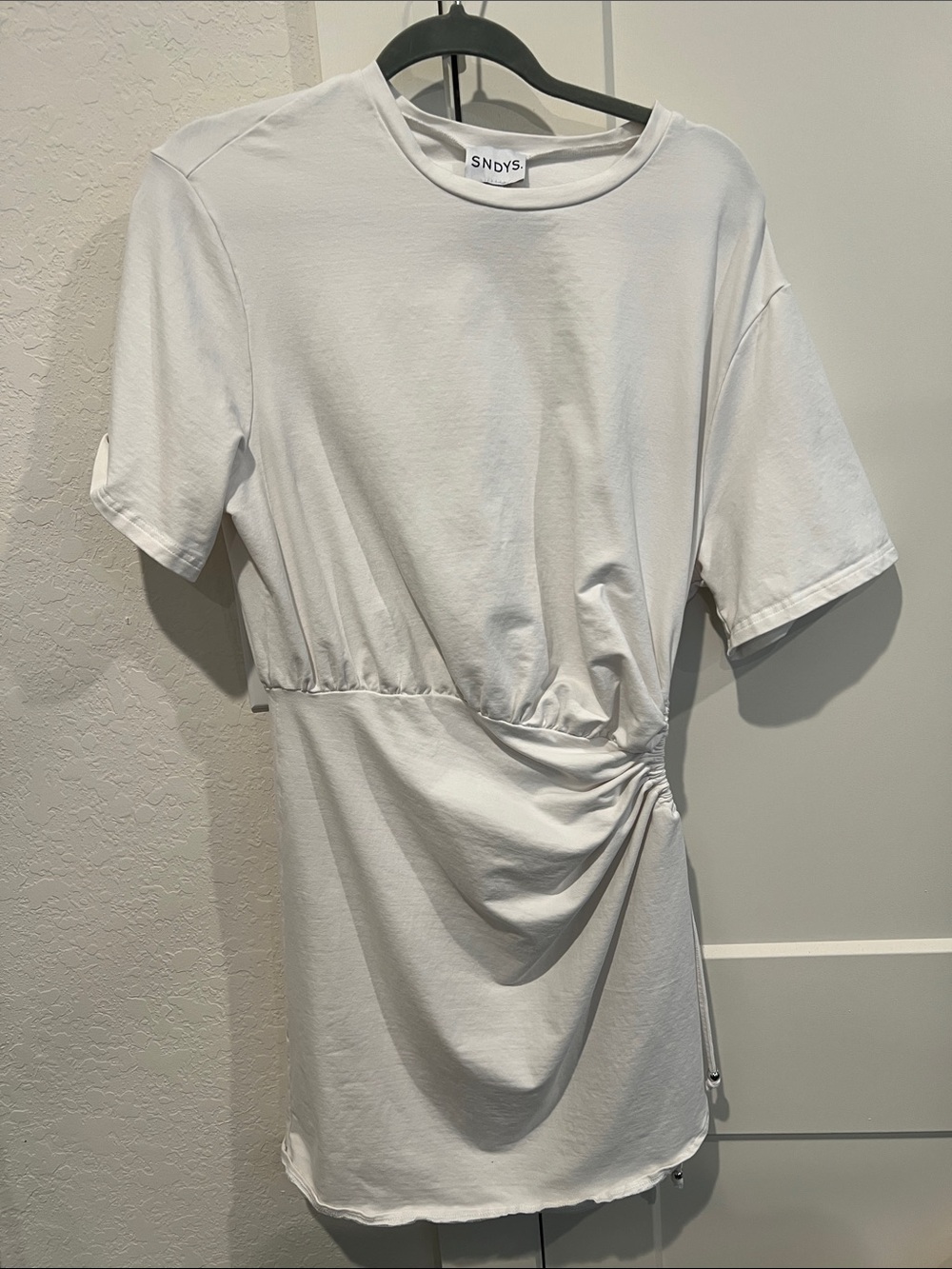 SNDYS. White Mini Dress with Side Ruched Detail